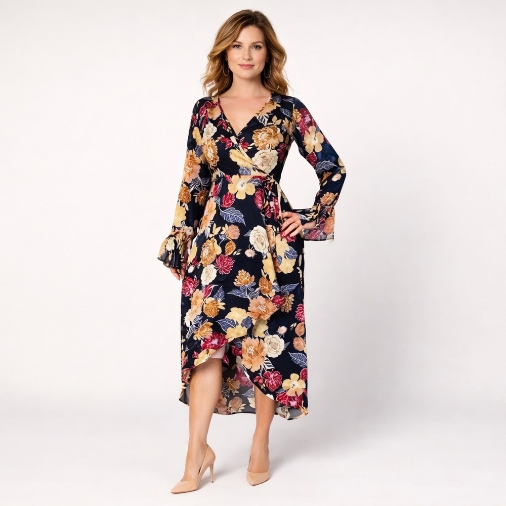 Band of the Free Black Berry Floral Hi-Lo Wrap Maxi Dress